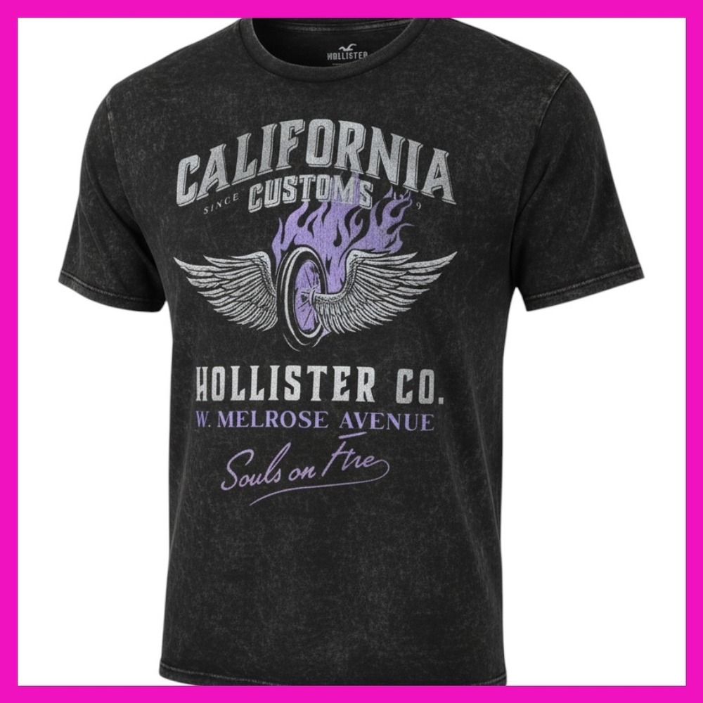 Hollister Mens California Customs Graphic T-Shirt Acid Wash Black Purple Small